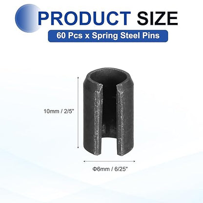 MECCANIXITY 60Pcs Slotted Split Roll Pins 6/25 Inch(6mm) Dia. 2/5 Inch(10mm) Length 65Mn Steel Spring Tension Expansion Dowels for Secure Fastening, Black