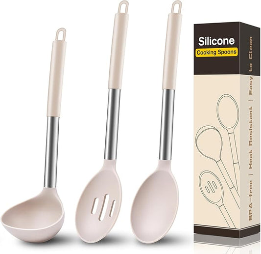 3Pcs Silicone Cooking Spoon Set, Kitchen Utensils Include Solid & Slotted Spoon, Soup Ladle, Food-Grade Heat Resistant 446°F, Non-Scratch Spoons for Serving, Stirring, Draining, Dishwasher Safe, Khaki by Unknown