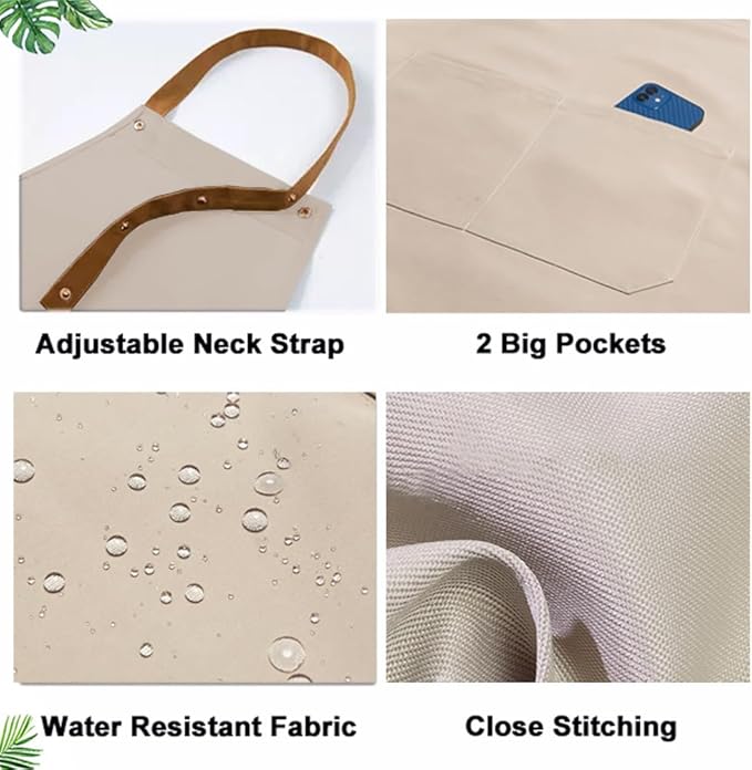 Kitchen Bib Apron with Pockets, Women Men Adjustable Neck Strap Water Resistant Apron for Chef Artist Waiter
