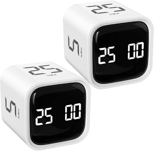 Rotating Pomodoro Timer 5, 25, 10 50 Minutes Preset, Desk Productivity Flip Timer, Cube Countdown Stopwatch for ADHD, Vibration/High/Low Volume, for Work, Study, Back to School, Kitchen, 2 White by OORAII
