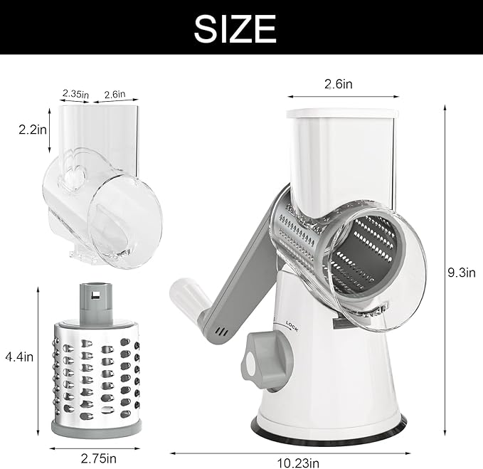 Cambom 5 in 1 Rotary Cheese Grater Hand Crank Cheese Shredder for Fresh Cheese, Vegetable, Nuts,Non-slip Suction Base, Five Blades, White - Image 9