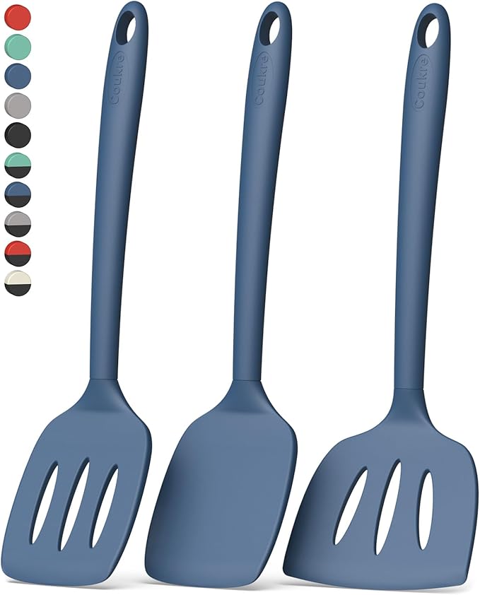 Coukre 3 Pack Silicone Spatula Set, High Heat Resistant, BPA-Free, Fish Spatula, Solid & Slotted Turner for Non-Stick Pans, Flipping Eggs, Pancakes, Fish, Burgers (3, PureDarkBlue) by Coukre