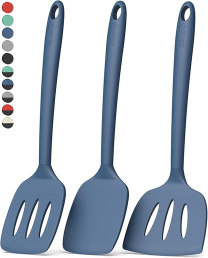Coukre 3 Pack Silicone Spatula Set, High Heat Resistant, BPA-Free, Fish Spatula, Solid & Slotted Turner for Non-Stick Pans, Flipping Eggs, Pancakes, Fish, Burgers (3, PureDarkBlue) by Coukre