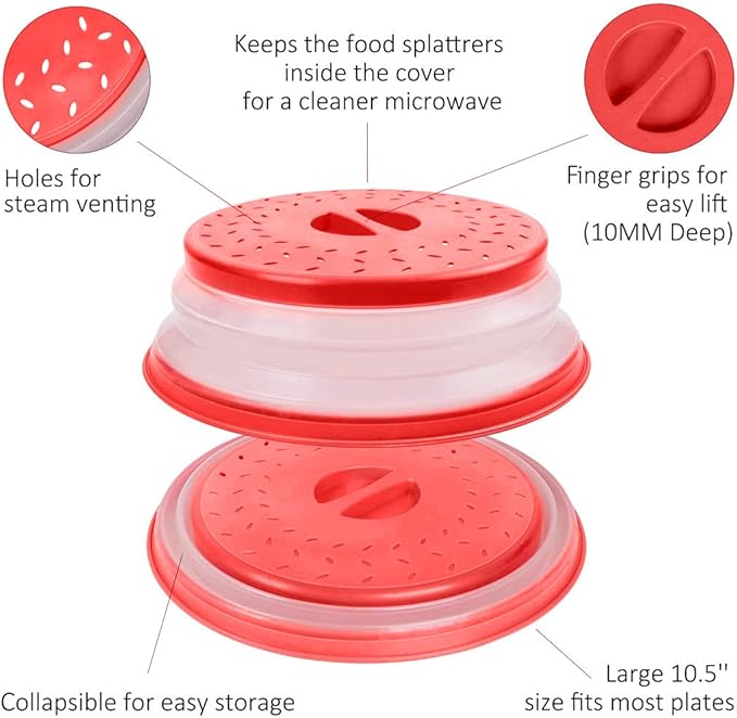 Microwave Cover for Food,Collapsible Microwave Splatter Cove,Fruit Drainer Basket,BPA-Free Made of TPR & PP Dishwasher Safe 10.5 inch (RED) - Image 6