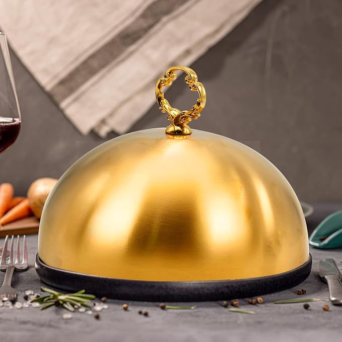 Gold Stainless Steel Food Dome Cover Food Protecting Dome Cover Serving Plate Dish Dome Cake Butter Dessert Cheese Cover for Burgers Restaurant Party (Flower Wreath Bead)