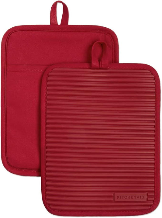 KitchenAid Ribbed Soft Silicone Pot Holder 2-Pack Set, Passion Red, 7"x9" by KitchenAid