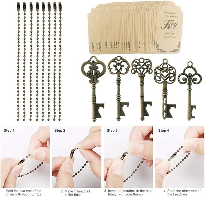 WODEGIFT 50pcs Bottle Opener,Wedding Favors Vintage Skeleton Key Bottle Opener,Key Bottle Openers with Escort Tag Cards and Key Chains Wedding Gifts for Guest（Bronze,5 styles） - Image 2