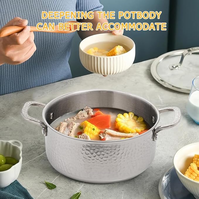 Vivicreate Tri-Ply Stainless Steel Stockpot – Deep Cooking Pot with Hammered Exterior, Compatible with All Stovetops, Even Heat Distribution, Durable Cookware for Soups, Stews, and More（7QT） - Image 5