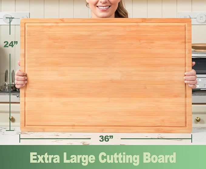 Allsum 36x24" Bamboo Cutting Board for Kitchen, Extra Large Wood Stove Top Cover, Noodle Board over Sink, Charcuterie Cheese Serving Tray with Side Handles and Juice Grooves - Image 2