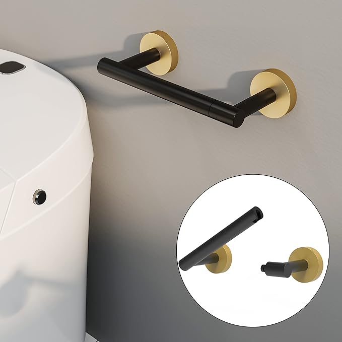 RARXTR Black and Gold Toilet Paper Holder SUS304 Stainless Steel Double Post Pivoting Toilet Paper Roll Holder Wall Mounted Tissue Holder for Commercial Bathroom RV Matte Black & Brushed Brass Finish