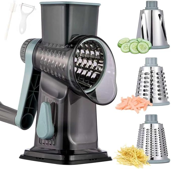 Rotary Cheese Grater with Handle Kitchen Shredder Slicer Grater Slicer Ice Shaver Cheese Vegetable Nuts Potato Zucchini Chocolate 3 Interchangeable Blades (GreyBlue) - Image 9