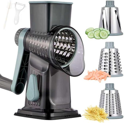 Rotary Cheese Grater with Handle Kitchen Shredder Slicer Grater Slicer Ice Shaver Cheese Vegetable Nuts Potato Zucchini Chocolate 3 Interchangeable Blades (GreyBlue) - Image 9