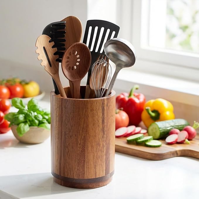 Utensil Holder, Acacia Wood Kitchen Utensil Holder for Countertop, 360°Rotating Cooking Utensil Crock for Kitchen Counter, 7.2" Large Utensil Organizer for Spatula - Image 5