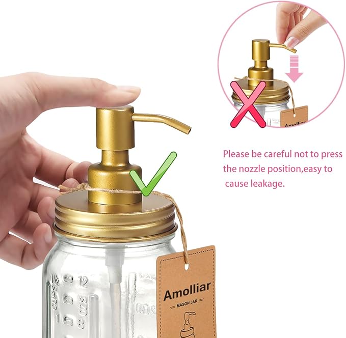 Amolliar Mason Jar Liquid Soap Dispenser -Rustproof Stainless Steel Farmhouse Decor for Bathroom Vanities,Kitchen Sink/ Liquid Soap Pumps for Hand Soap,Dish Soap,Lotions/Golden -2 Pack - Image 6