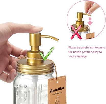 Amolliar Mason Jar Liquid Soap Dispenser -Rustproof Stainless Steel Farmhouse Decor for Bathroom Vanities,Kitchen Sink/ Liquid Soap Pumps for Hand Soap,Dish Soap,Lotions/Golden -2 Pack - Image 6