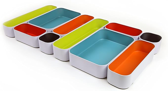 Three by Three Seattle 10 Piece Metal Organizer Tray Set for Storing Makeup, Stationery, Utensils, and More in Office Desk, Kitchen and Bathroom Drawers (2 Inch, Assorted Colors) by ThreebyThreeSeattle