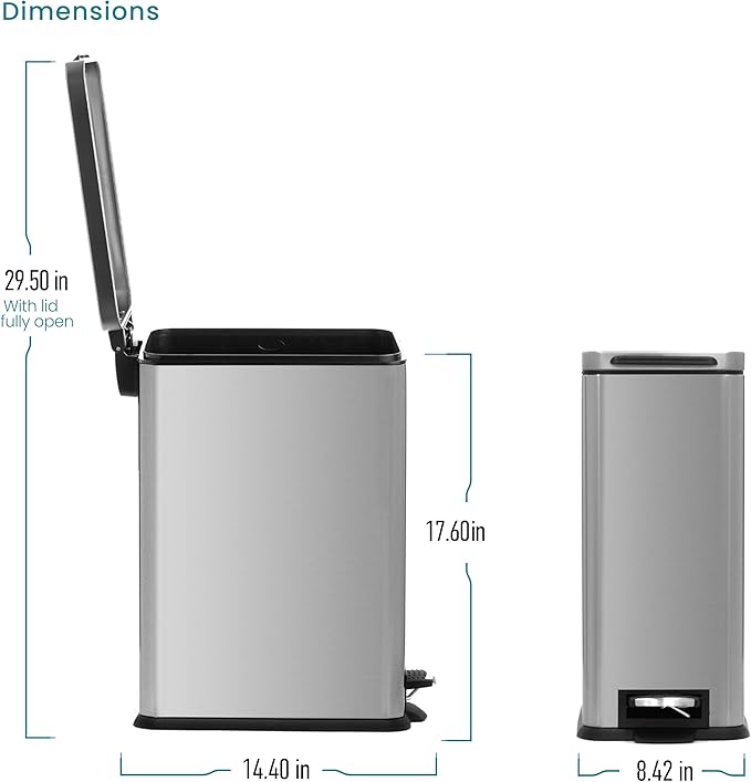 Home Zone Living 4 Gallon Slim Kitchen Trash Can with Soft Close Lid and Step Pedal, Stainless Steel Wastebasket with Removable Liner, Silver - Image 8