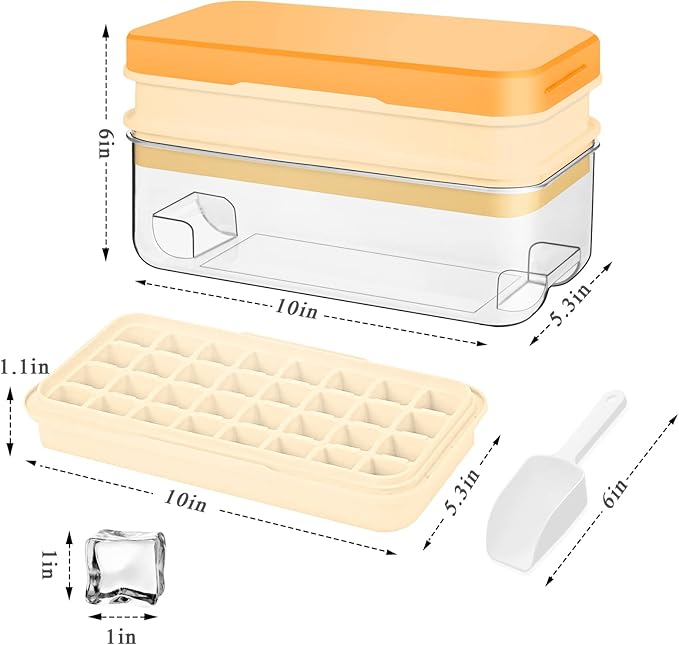 Ice Cube Tray with Lid and Bin, 64 pcs Ice Tray Kit with Ice Scoop, Ice Cube Pop Out Tray, Ice Cube Trays for Freezer, Ice Cube Molds, BPA Free, Easy Release Stackble Spill-Resistant ZZWILLB (Orange)