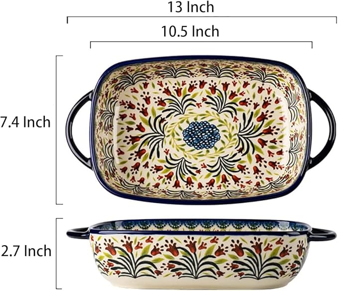 Vintage Style Tulip Flower Pattern Ceramic Bakeware Casserole Dish Baking Pan Lasagna Pans Baking Dish with Handles for Oven/Cooking/Kitchen-1 PCS-60 OZ - Image 2