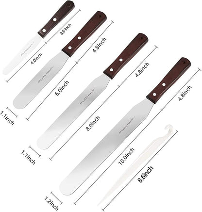 4PCS Cake Decorating Icing Spatula set with 4, 6, 8 & 10 Inch Stainless Steel Blade, Wood Handle Frosting Spatulas and Cake Stripping Tool (Straight Spatulas 4, 6, 8 & 10 Inch)