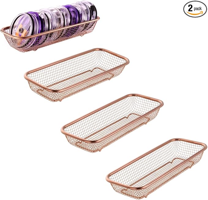 4Pack Stainless Steel Tumbler Cup Lid Organizer Inside Cabinet, Mason Jar Lid Holder, Rectangular Basket for Storage of Silverware, Chopsticks, straws and Utensils, Rosegold by YokuMade