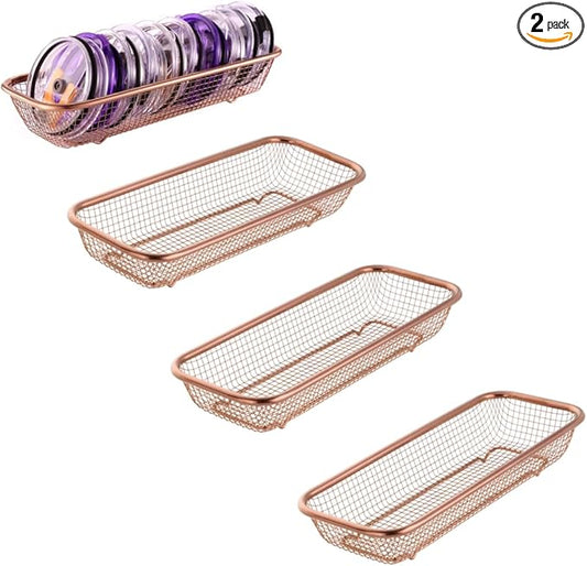 4Pack Stainless Steel Tumbler Cup Lid Organizer Inside Cabinet, Mason Jar Lid Holder, Rectangular Basket for Storage of Silverware, Chopsticks, straws and Utensils, Rosegold by YokuMade