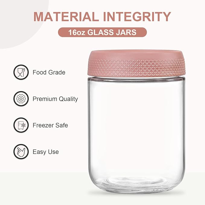 NETANY 6-pack 16oz Glass jars with Airtight Lids, Overnight Oats Containers with Lids, Wide mouth Mason Salad jars, Glass Food Storage Containers for Snacks Yogurt Spice Sugar-Pink - Image 2