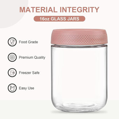 NETANY 6-pack 16oz Glass jars with Airtight Lids, Overnight Oats Containers with Lids, Wide mouth Mason Salad jars, Glass Food Storage Containers for Snacks Yogurt Spice Sugar-Pink - Image 2