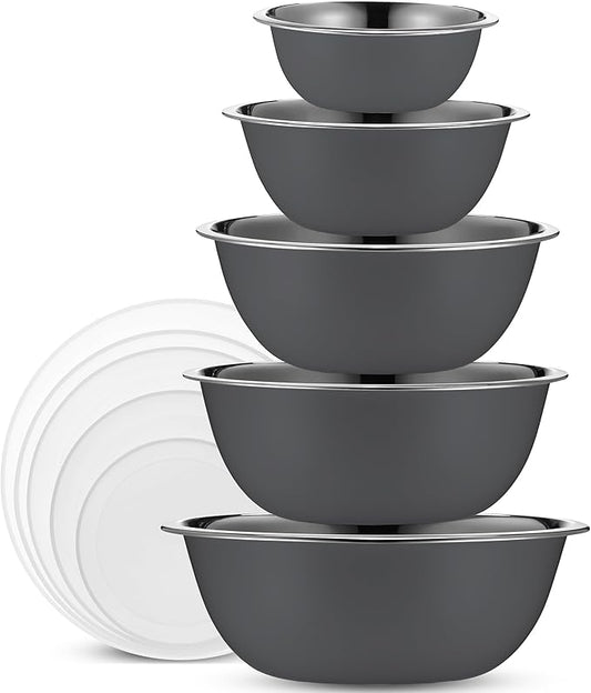WHYSKO Stainless Steel Mixing Bowl Set, 10 Piece Stainless Steel Mixing Bowls with Lids Set for Food Prep Storage and Serving, Dishwasher Safe for Kitchen Baking Cooking, Grey by WHYSKO