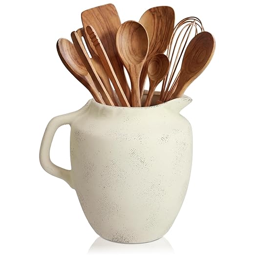 Potchen Rustic Kitchen Utensil Holder with Handle,7.48" H Ceramic Vintage Utensil Crock for Countertop, Farmhouse Kitchen Decoration Ceramic Pot for Spatulas Spoons Tongs(Novelty,Antique Cream) by Potchen