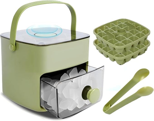 Ice Cube Tray with Lid & Bin Ice Maker Ice Trays for Freezer Ice Container- Reusable Ice Mold for Whiskey, Cocktail, Coffee, Beer Drinks with Ice Trays Ice Tongs (Green)