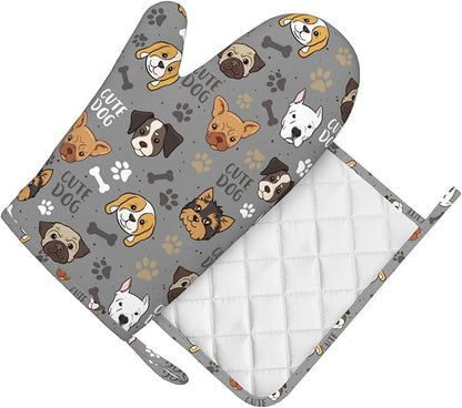 Cute Dog Oven Mitts and Pot Holders Sets Heat Resistant Non-Slip Silicone Oven Gloves Kitchen Accessories for Cooking Baking Grilling BBQ