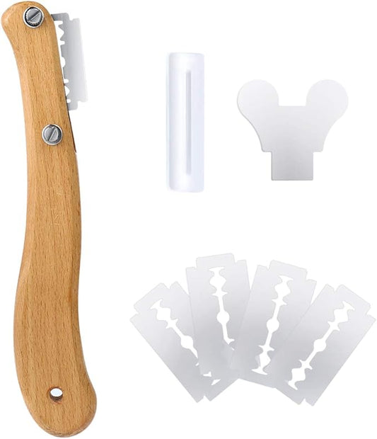 Healeved Bread Lame Dough Scoring Tool Van Wooden Handle 5 Blades, Creative Bread Scoring Tool Bread Slicer Cake Cutter, Acid Dough Bread Blades with Protector Cover