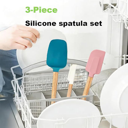 3PCS Silicone Spatula Wooden Handle Set, Heat Resistant Silicone Spatula, Spatulas Silicone Heat Resistant Wood, Rubber Spatula for Baking Non-Stick Cooking Mixing, Pink & Blue & Beige