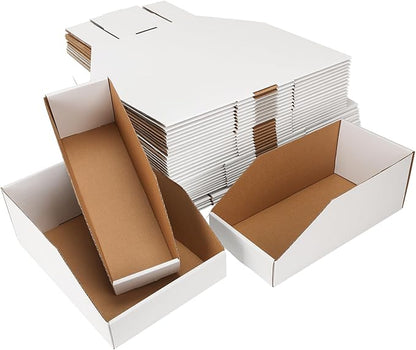 EXYGLO Cardboard Storage Bins Assorted Sizes, 35 Mixed Pack Cardboard Boxes,18 Pack 12x4x4.5, 12 Pack 12x6x4.5, 5 Pack 12x8x4.5 Corrugated Organizer Bins for Pantry, Shelves, Garage, Office, Shop