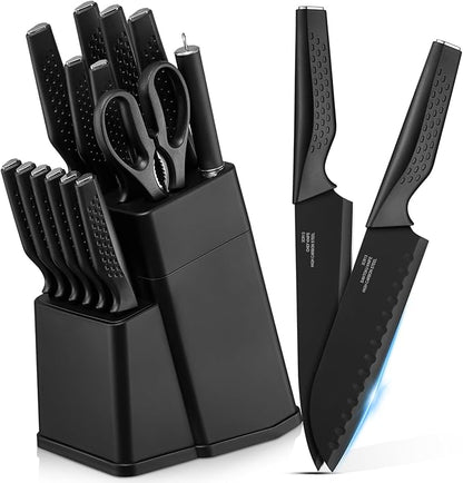 E-far Knife Set, 15-Piece Kitchen Knife Block Set with Sharpener, High Carbon Steel Chef Paring Steak Knives with Ergonomic Non-Slip Handle, Anti-Rust & Razor Sharp, Black by E-far