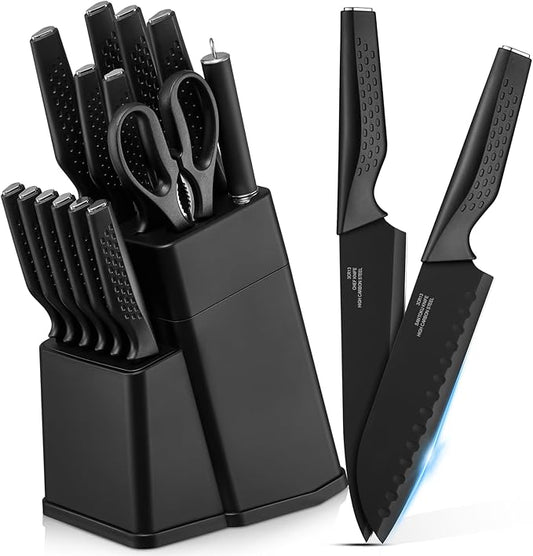 E-far Knife Set, 15-Piece Kitchen Knife Block Set with Sharpener, High Carbon Steel Chef Paring Steak Knives with Ergonomic Non-Slip Handle, Anti-Rust & Razor Sharp, Black by E-far