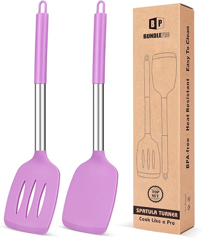Pack of 2 Silicone Solid Turner, Non Stick Slotted Kitchen Spatulas, High Heat Resistant BPA Free Cooking Utensils, Ideal Cookware for Fish, Eggs, Pancakes(Purple) by BUNDLEPRO