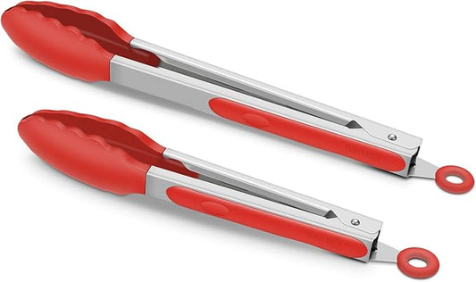 2 Pack Silicone Kitchen Tongs – 9" & 12" Set, Heat Resistant up to 500°F, Non‑Stick Cookware Safe, Wavy Silicone Tips, BPA Free, Locking Clip & Hanging Loop, Red by ALLWIN-HOUSEWARE