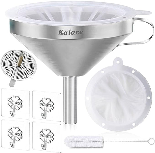 KALAVE Premium Stainless Steel Funnel, 5 Inch Food Grade Kitchen Funnels with 200 Mesh Food Filter Strainer for Filling Bottles, Oils, Juice, Wine, Coffee, Milk by Kalave