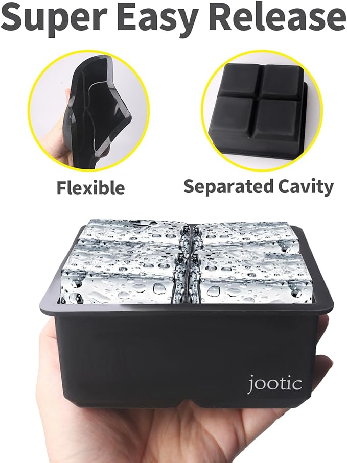 Large Ice Cube Trays Silicone (2.5-Inches) - Large Ice Tray Molds for making 4 Giant Ice Cubes for Whiskey (black 2 pack)