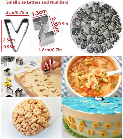 Mini Alphabet Number Cookie Cutters Sets of 37 Pieces Letter Mold Tools for Fondant Biscuit,Cake,Fruit,Vegetables,or Dough Stainless Steel
