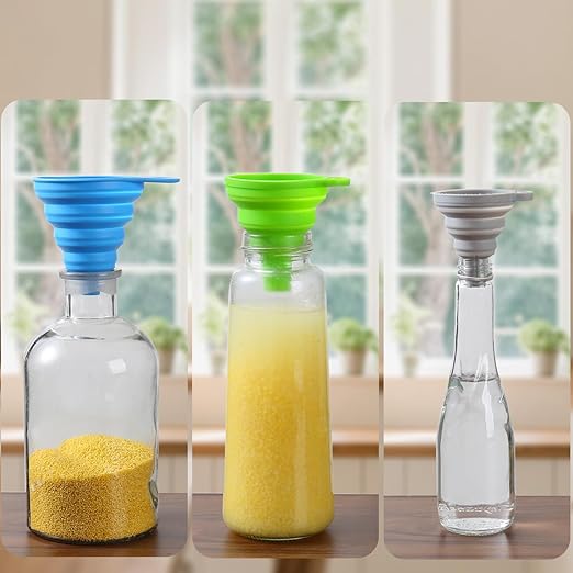 6 Pack Silicone Collapsible Funnels for Kitchen Use Filling Bottles, 3 Small and 3 Large Food Grade Kitchen Funnel Set for Filling Water, Oil, Spices, Powder – Silicone Funnels with Hook for Storage - Image 4