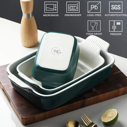 Sweejar Baking Pans Set, Ceramic 9x13 Baking Dish with Handle, Rectangular Casserole Dishes for Oven, Bakeware Sets of 3, Durable Lasagna Pan Deep for Kitchen, Banquet, Wedding Gift(Jade) - Image 2