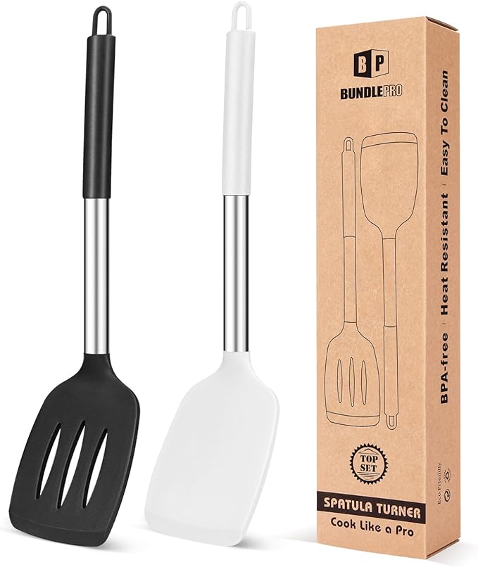 Pack of 2 Silicone Solid Turner, Non Stick Slotted Kitchen Spatulas, High Heat Resistant BPA Free Cooking Utensils, Ideal Cookware for Fish, Eggs, Pancakes(Black-White) by BUNDLEPRO
