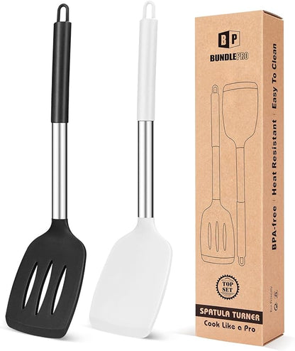 Pack of 2 Silicone Solid Turner, Non Stick Slotted Kitchen Spatulas, High Heat Resistant BPA Free Cooking Utensils, Ideal Cookware for Fish, Eggs, Pancakes(Black-White) by BUNDLEPRO