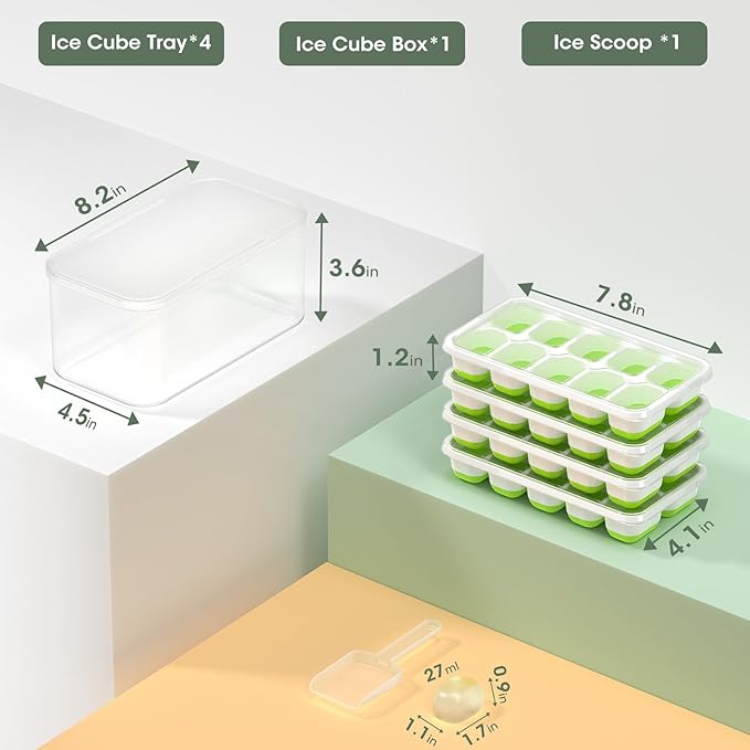 DOQAUS Ice Cube Tray with Lid and Bin - 4 Pack Silicone Ice Cube Trays for Freezer, Stackable Ice Bucket Kits with Storage Container & Scoop for Kitchen, RV, Cocktail, Coffee - Image 6