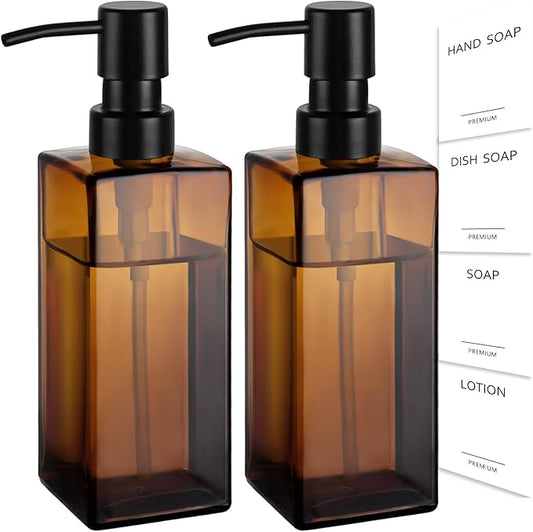 GMISUN Amber Glass Soap Dispenser, 2 Pack Hand Soap Dispenser Bathroom, 12 fl oz/350ml Dish Dispenser Set for Kitchen, Glass Liquid Dispenser with Stainless Steel Pump, Brown Soap Dispensers Bottle by GMISUN