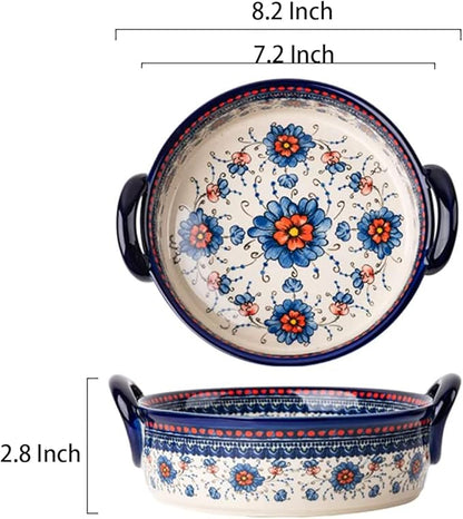 Blue and Orange Flower Vintage Style Ceramic Bakeware Casserole Lasagna Pans Baking Dish with Handles for Oven/Cooking/Kitchen-1 PCS-32 OZ - Image 2