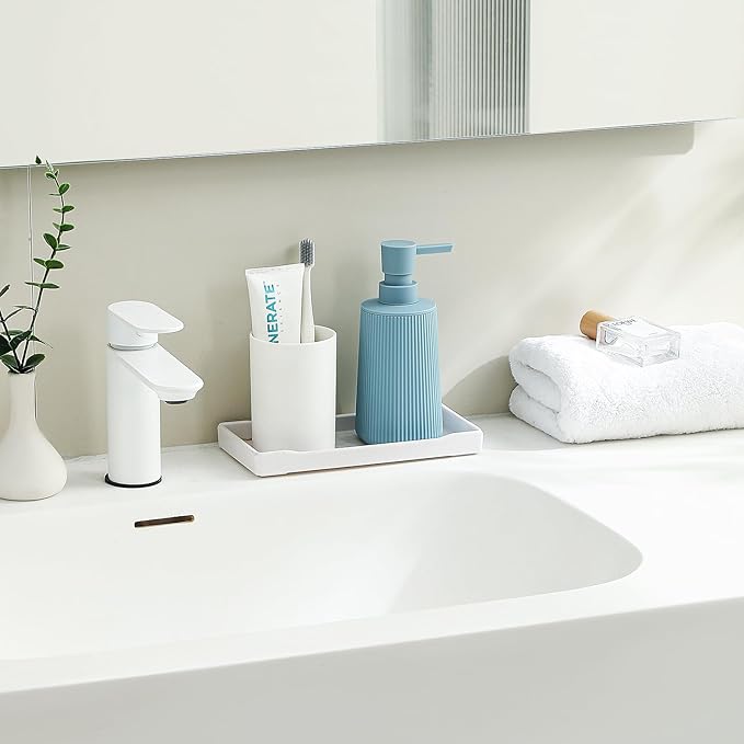 Small Soap Dispenser for Bathroom and Kitchen, Modern Farmhouse Striped Style Plastic Hand Soap Dish Soap Dispenser with Pump Light Blue - Image 2